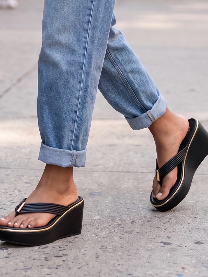 Aldo Black & Gold Trim Wedge Thong Sandals Size 7 Super Cute